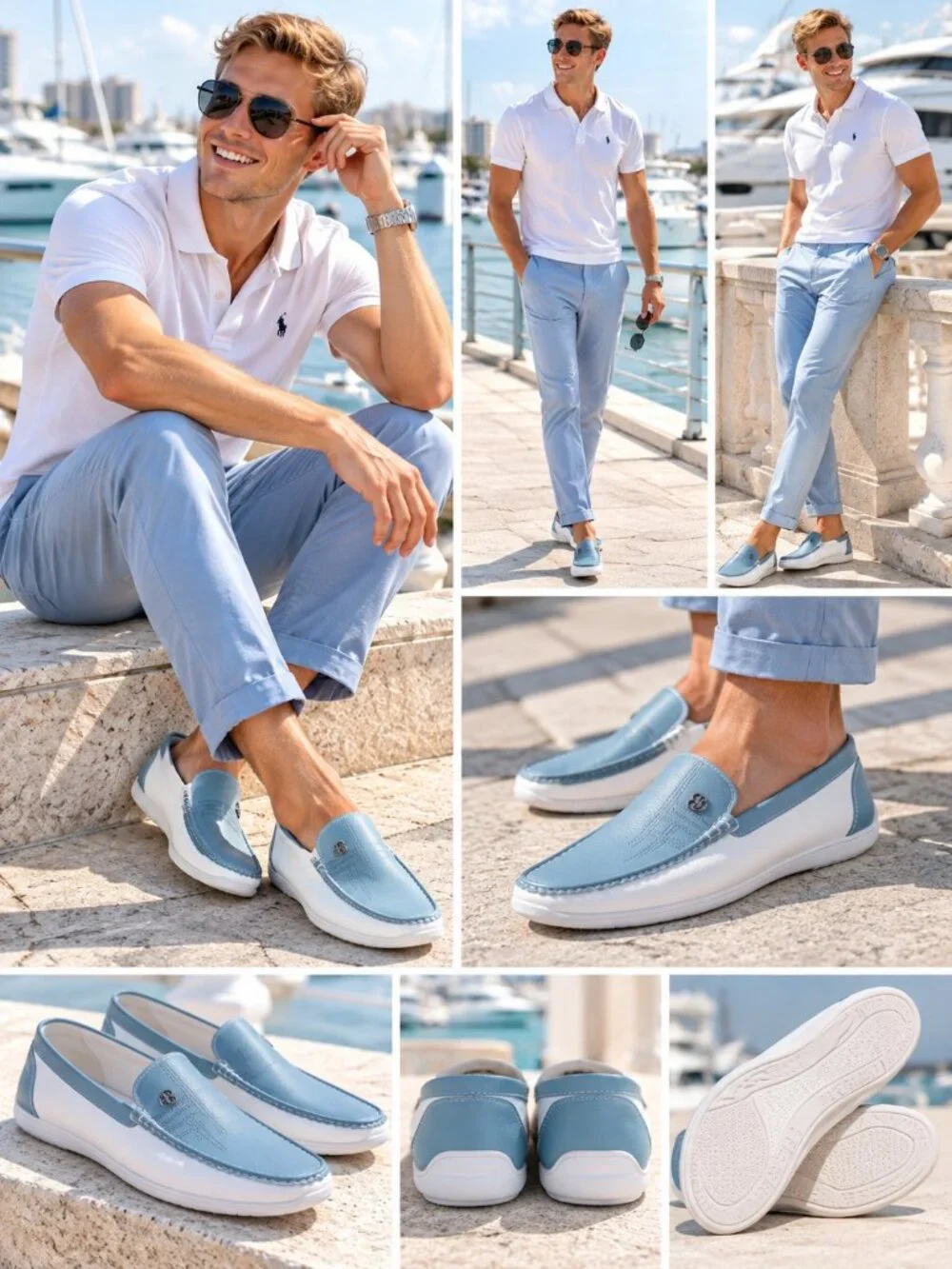 Huixiangdiepin Men’s Genuine Leather White & Light Blue Loafers Size 46